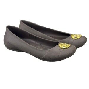 Crocs Ballet Flats Womens Sz 8 Brown GIANNA Rubber Gold Medallion Accent